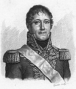 Print shows a grim-looking and hatless man with a possibly damaged right eye wearing a Napoleonic era French general's uniform, with dark coat, light-colored epaulettes and braid, and a high collar.