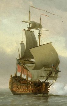 A painting of HMS Russell firing her guns