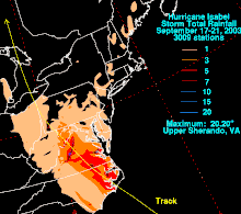Map showing the total rainfall from Hurricane Isabel from September 17–21, 2003. Orange colors, found in Ohio, Pennsylvania, and Delaware, represent lighter rainfall amounts while the red, purple, and blue colors, found primarily in North Carolina and Virginia, represent higher rainfall amounts.