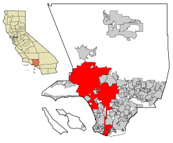 Los Angeles County with the City of Los Angeles in red. The Harbor Gateway is a two-mile wide north-south corridor that connects the Port of Los Angeles to the south with the rest of the city in the north (note the vertical red line).