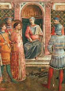 a painting by Fra Angelico with Emperor Valerian seated on throne and St. Lawrence who was martyred in 258 standing under arrest before him