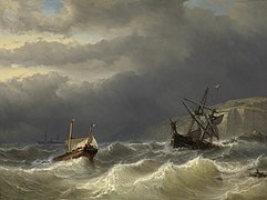 Two ships in rough seas with dark clouds on the horizon. There is a third ship in the background.