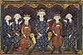 Isabella's French family, depicted in a 1313 miniature (illuminated manuscript illustration). From left to right: Isabella's brothers, Charles IV and Philip V, Isabella herself, her father Philip IV, her brother Louis X, and her uncle, Charles of Valois.