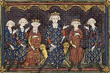 Image of vellum manuscript from 1313 of Isabella, third from left, with her father, Philip IV, her future French king brothers, and Philip's brother, Charles of Valois