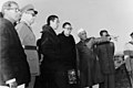 Prime Minister Nehru pointing out a landmark to the Dalai Lama and the Panchen Lama, 1956