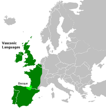 A map of Europe highlighting the British Isles, Western half of France, and the Iberian Peninsula with the Basque region highlighted further