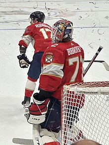 Sergei Bobrovsky in net against the Red Wings in a game on 17 January 2024, at Amerant Bank Arena