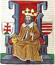 Chronica Hungarorum, Thuróczy chronicle, King Stephen II of Hungary, throne, crown, orb, scepter, double cross, Árpád stripes, Hungarian coat of arms, medieval, Hungarian chronicle, book, illustration, history