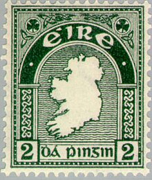 Irish postage stamp denominated two pence showing a green outline map of the island of Ireland with the Gaelic words Éire for Ireland and dá pingin for two pence