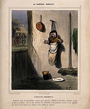 The Heir Apparent, a young child hung on a wall by his nurse, who has gone dancing (c. 1850), hand colored lithograph