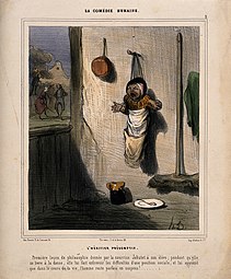 The Heir Apparent, a young child hung on a wall by his nurse, who has gone dancing (c. 1850), colour lithograph