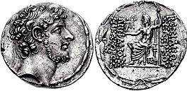 Coin of Seleucus VI. Obverse depict the king bearded. Reverse depicts the god Zeus.