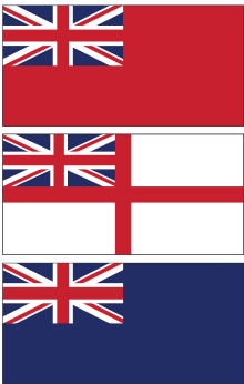 Three flags, all with the flag of the United Kingdom in the top-left corner. The top is solid red, the middle is white with a red cross extending all the way across it, and the bottom is solid blue.