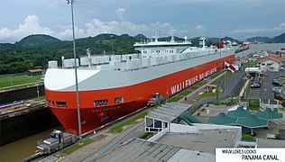 A Panamax ship in transit through the Miraflores locks, Panama Canal.