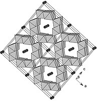 Polyhedral representation of the 2 × 2 tunnel structure of cryptomelane. The black atoms represent K.[7]