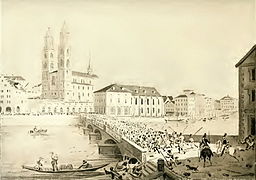 6. September 1839: Rückzug der Kolonne Ralin über die Münsterbrücke Zürich – mit Lasten-Weidling in der Limmat