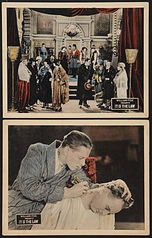 Two lobby cards—above, a crowd of people in a richly decorated room; below, a man tattooing another man's neck to match his—each captioned 'William Fox presents It Is the Law