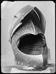 The helmet of the armor opened and photographed, unknown date