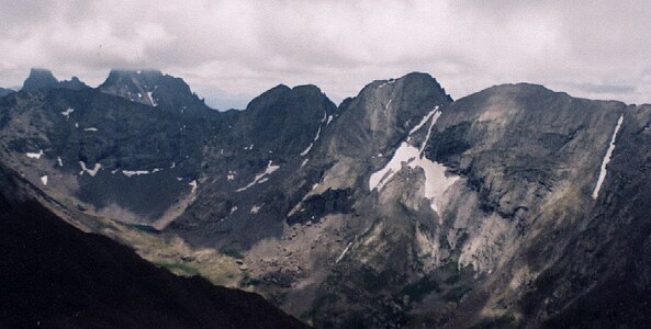 The Crestones as seen from Mount Adams. From left to right: Crestone Needle, Crestone Peak, Columbia Point, Kit Carson Peak, Challenger Point.