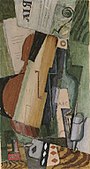 Louis Marcoussis, 1919, Violon, bouteilles de Marc et cartes (Violin, Marc bottles and cards), gouache and watercolor over charcoal on paper, 45.8 × 24.5 cm