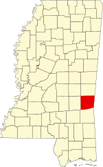 Map of Mississippi highlighting Clarke County