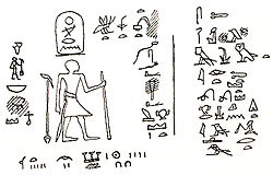 Drawing of a rock inscription showing a man standing and facing hieroglyphs[182]