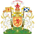 The full armorial achievement of the arms of the Kingdom of Scotland (before the Union of the Crowns)