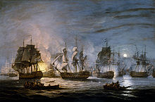 Four ships flying the British flag advance in the foreground towards an anchored battle line in which the only clear detail is a huge burning ship.