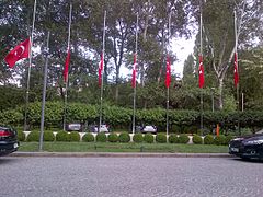 Turkish flags at half mast, commemorating the 2016 Atatürk Airport attack