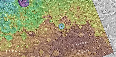 MOLA map showing Rudaux Crater, and other nearby craters. Colors show elevations.