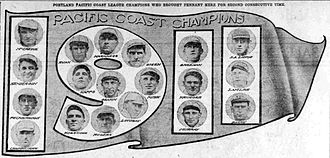 A pennant reading "1911" bearing the images of 19 men in baseball caps