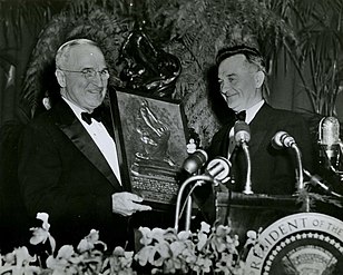 1952 Collier Trophy President Truman congratulates John Stack for the Langley transonic wind tunnel