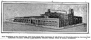 Pictorial drawing of proposed building. Two long wings run along Garrison Ave and Lafayette Ave, on opposite sides of the plant. The Lafayette side has two tall towers. The Garrison side has what appears to be a large entrance in the center. The on-image caption reads "New Buildings to be Erected by American Bank Note Company in the Bronx on Block Bounded by Garrison and Lafayette Avenues, Tiffany and Barretto Streets – Kriby, Petit & Green, Architects"