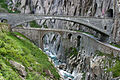 Image 26Teufelsbrücke (Devil's Bridge) on the route to the Gotthard Pass; the currently used bridge from 1958 over the first drivable bridge from 1830 (from Alps)