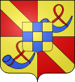 Heraldic shield of the house of Chalon of Orange. The 1st and 4th quarters show the arms of Chalon-Arlay (Gules a bend Or), the 2nd and 3rd the princes of Orange (the bugle). The blue and gold cross is the arms of Jeanne of Geneva, who married one of the Chalon princes.[5]
