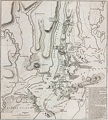 Outline map of the area in and around New York on 27 August 1776. The position of the British and American forces are marked on the map.