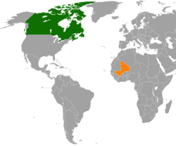Map indicating locations of Canada and Mali