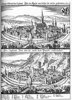 Isny before and after the great fire of 1631; St. George's Abbey church is the building with two spires to the right, with the rest of the monastery adjacent. Merian, Topographica Sueviae, 1643–56