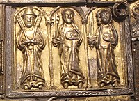 Upper right hand panel; unidentified figure (possibly St James), St Peter, Panel showing St Paul and two others