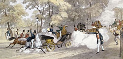 Colour picture showing Oxford firing a pistol at Victoria