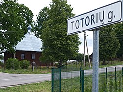 Tatar Mosque and Tatar street sign in Keturiasdešimt Totorių village