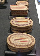 A set of traditional hand-woven native Indian Nuu-chah-nulth peoples' baskets (Indigenous peoples of the Pacific Northwest Coast of Canada)