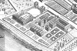 The Palais Bourbon (upper left) and the Hôtel de Lassay (lower right), as depicted on the Turgot map of Paris (1739)