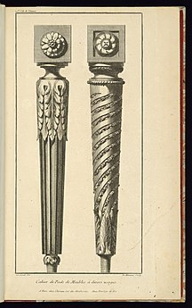 Two designs of legs, one featuring straight flutings and acanthus leafs, and the other twisted flutings