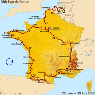 Route of the 1958 Tour de France followed anticlockwise, starting in Brussels and finishing in Paris