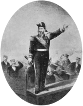 Engraving depicting a man in an admiral's uniform, spyglass in hand and left hand pointing forward, standing on a platform aboard a ship while sailors fire cannons in the background