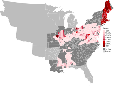 Map of presidential election Results by county, shaded according to the vote share of the highest result for an elector candidate pledged to Adams