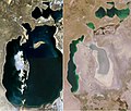 Image 22 Aral Sea comparison Photographs: NASA; edit: Zafiroblue05 A side-by-side comparison of the Aral Sea in 1989 and 2008, showing its severe shrinkage owing to poor water resource management. The Aral Sea was once the fourth-largest lake in the world. However, the rivers that fed it were diverted by Soviet-era irrigation projects. It had shrunk to 10% of its former size by 2007, and is still shrinking. The near-loss of the Aral Sea, which is now in Kazakhstan and Uzbekistan, has been considered one of the planet's most disastrous examples of poor environmental resource management.