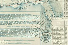 A weather map focused on the eastern Gulf of Mexico depicting a storm system on the north shore of Cuba. The storm is denoted by the word "LOW" surrounded by numerous circular lines known as isobars.