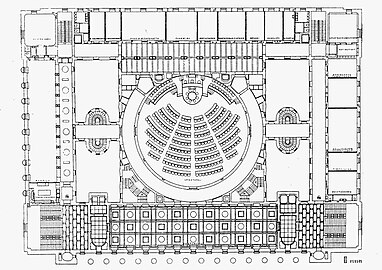 Floor plan of the second floor. In the middle is the State Hall, the Session Hall and the speakers' rooms, on the left is the cafeteria and one of the three meeting rooms specifically reserved for female MPs. On the right, the meeting rooms reserved for the use of the parliamentary councils. The four patios are located on both sides of the Parliamentary House's Session Hall.